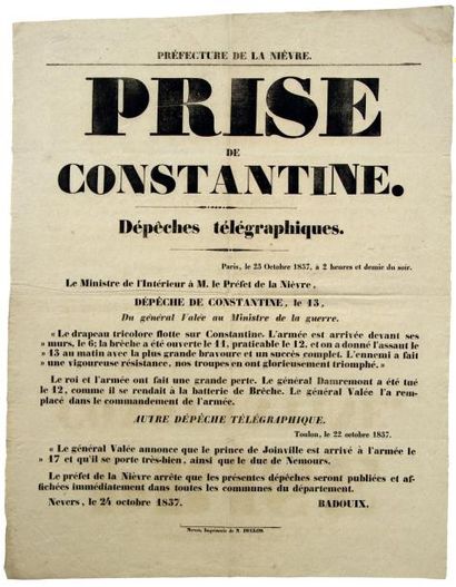 null «PRISE DE CONSTANTINE» Dépêche télégraphique de CONSTANTINE le 13 Octobre 1837;...