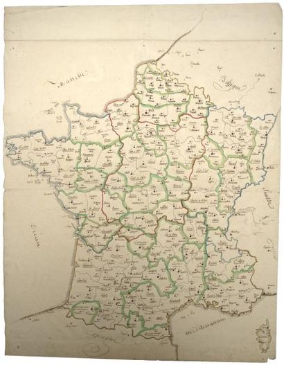 null (CARTE MANUSCRITE DE LA FRANCE, avec tous ses départements) - Vers 1840. DESSIN...
