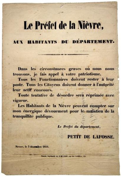 null (NIÈVRE) - Avis de PETIT DE LAFOSSE Préfet de la Nièvre, aux Habitants du Département....