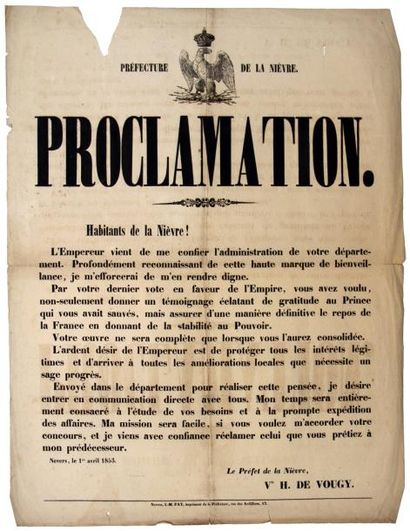 null (NIÈVRE) - Proclamation du Vicomte H. DE VOUGY Préfet de la Nièvre, Nevers 1er...