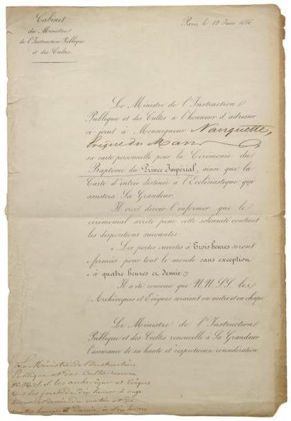 null (BAPTÈME DU PRINCE IMPÉRIAL) - PARIS 12 Juin 1856 - Lettre circulaire imprimée...