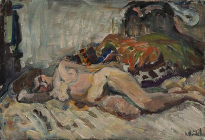 Vladimir NAIDITCH (1903-1980). Ecole russe Jeune femme endormie Huile sur toile,...