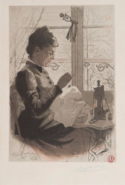 Eugène DELATRE (1864 - 1938) Femme à son ouvrage, 1894 Eau - forte et aquatinte en...
