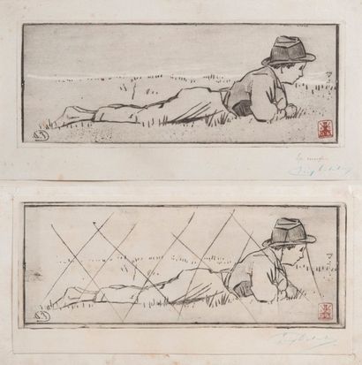 Eugène DELATRE (1864 - 1938) Garçonnet allongé dans l'herbe Eau - forte. Deux épreuves...