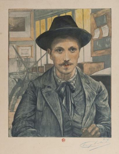 Eugène DELATRE (1864 - 1938) Autoportrait dans l'atelier Eau - forte en couleurs....