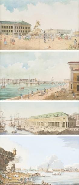 Ecole du XIXème Quatre paysages animés Aquarelles, signées en bas à droite 14 x 22...