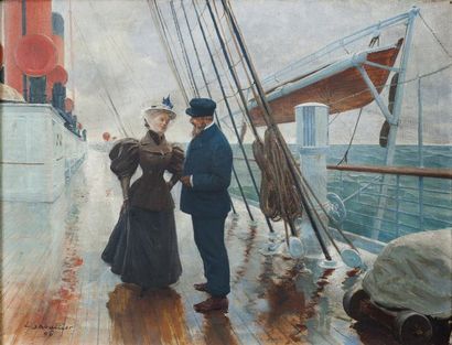 Louis Rémy SABATTIER (1863-1935) Conversation sur le pont Toile. Signée en bas à...