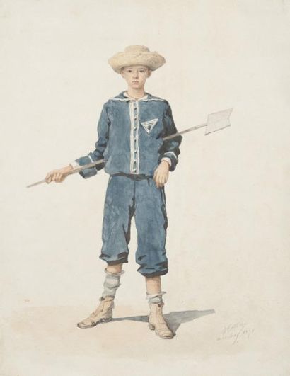 Maurice COTTIER (1822-1881) L'enfant d'Arcachon, 1878 Aquarelle. Signée en bas à...