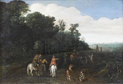 Attribué à Esaias van de VELDE (Vers 1591- 1630) Cavaliers en bordure de forêt Toile...