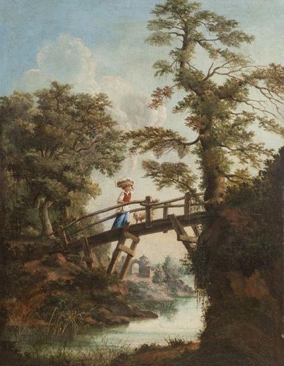 Attribué à Nicolas Jacques JULLIARD (1715 - 1790) Jeune bergère passant une passerelle...
