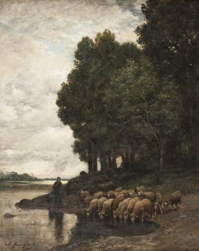 Charles JACQUES (1879-1959) Moutons au bord de la rivière Huile sur toile. Signée...