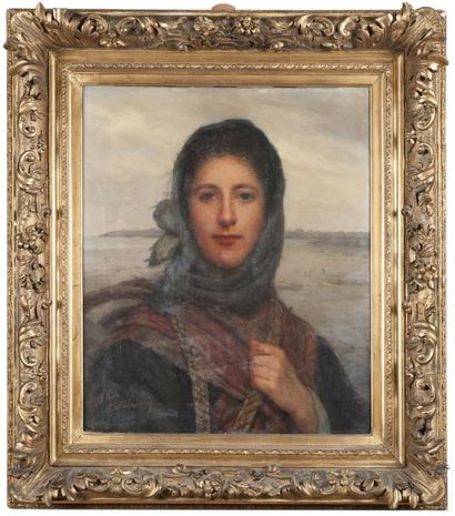 Eugénie-Marie SALANSON (Act. 1864-1892) Portrait de jeune pêcheuse, Granville au...