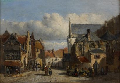 Johannes Marius TEN CATE (? 1859 -? 1896) Rue animée près d'une église Panneau. Signé...
