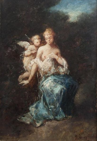 NARCISSE DIAZ (1807-1876) Vénus et l'Amour Panneau. Signé en bas à droite. 33 x 23...