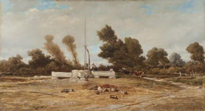 Emile LOUBON (1809-1863) Attelage et femme au puits Huile sur toile. Signée en bas...