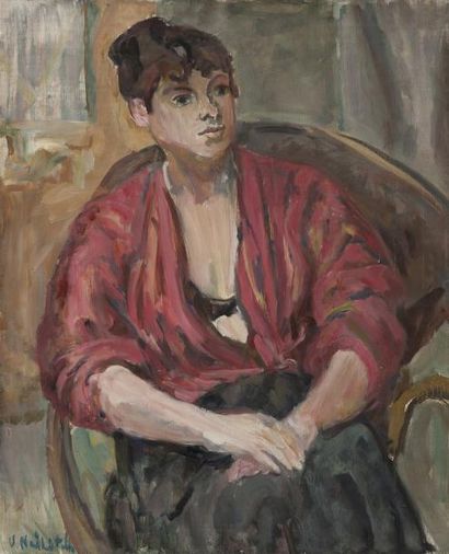 Vladimir NAIDITCH (1903-1980). Ecole russe Femme au châle rouge Huile sur toile,...