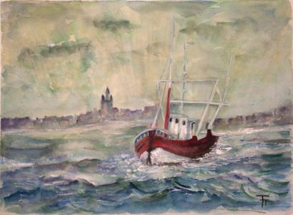 TONNELATO SUZANNE (1939) «Bateau en mer», aquarelle et gouache monogrammée en bas...