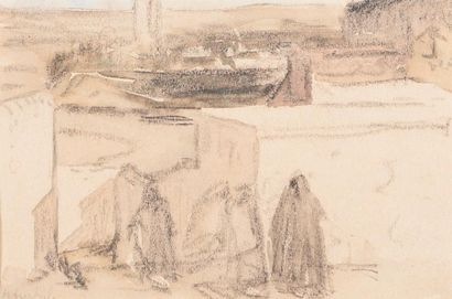 Henri HOURTAL (1877-1944) Terrasse animée en Orient. Lavis et fusain, signée en bas...