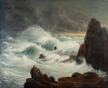 CHARLES MOOTZ (XIXÈME-XXÈME SIÈCLE) Effet de vagues sur les rochers et brisants....