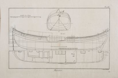  Plan des formes d’une coque de bateau 
Gravure en noir, XVIIIe siècle. 
Planche...
