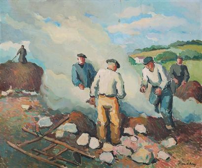  Pierre de BELAY (1890-1947) 
Les brûleurs de goémon 
Huile sur toile. 
Signée en...
