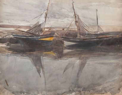 Giovanni BOLDINI (1842-1931) Bateau à marée basse Aquarelle sur papier, signée en...