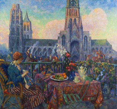 Robert Antoine PINCHON (1886-1943) Jeune Femme au balcon, la cathédrale de Rouen...
