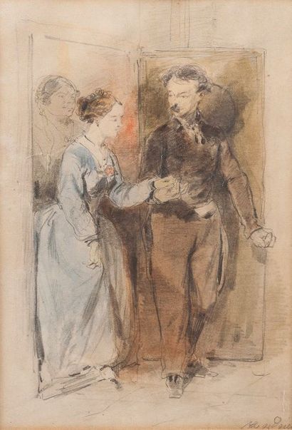 Pierre ANDRIEU (1821-1891) Couple Aquarelle et crayon sur papier 18,3 x 13 cm (à...