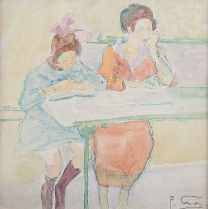 Fernande CORMIER (1888-1964) Femme et fillette attablées Aquarelle, signée en bas...