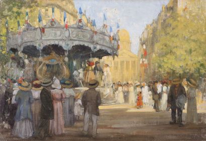 George Vaughan Curtis (1859-1943) Fête nationale à Paris Huile sur toile, signée...