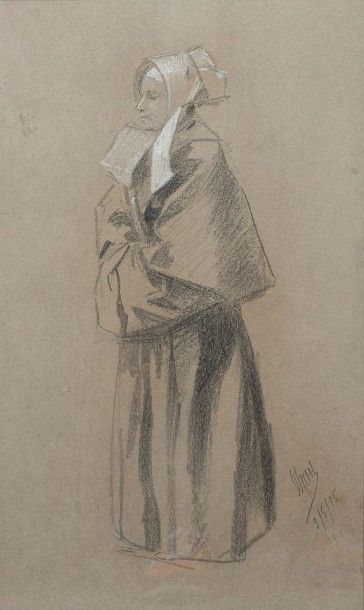 Jules CHERET (1836-1932) Bretonne Fusain...