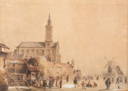 null Ecole HOLLANDAISE du XIXème siècle Village en Hollande Aquarelle et gouache...