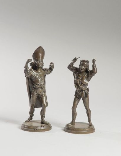 null Alfred BARYE (d’après) Fête des Fous Deux statuettes en bronze ciselé patiné...
