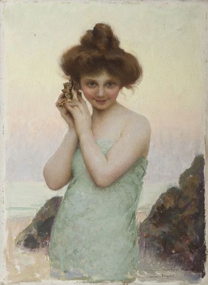 null Jules TRIQUET (1867-1914) Femme au coquillage Huile sur panneau. Signée en bas...