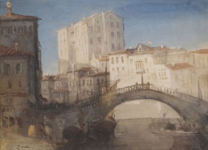  Félix ZIEM (1821-1911) Un pont à Venise Aquarelle sur papier, signé en bas à gauche...