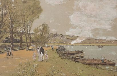 null Luigi LOIR (1845-1916) Promenade au bord de l’eau Gouache sur papier, signée...