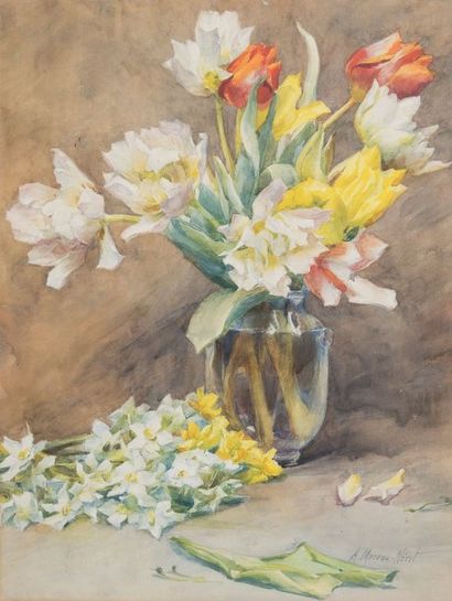 null Adrien MOREAU NERET (1860-1944), Fleurs, aquarelle, signée en bas à droite.