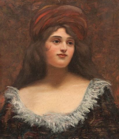 Robert de Rougé (? - 1916) Jeune femme à la toque. Toile, 55 x 46 cm