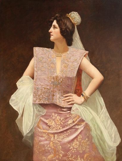 Robert de Rougé (? - 1916) Elégante à la robe orientale. Toile, 116 x 89 cm