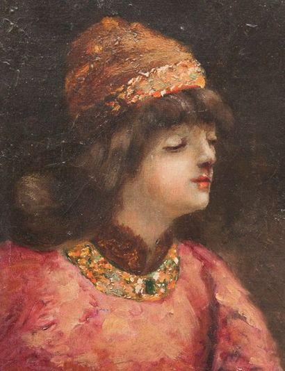 Robert de Rougé (? - 1916) Buste de jeune femme en rose. Toile, 15 x 19 cm