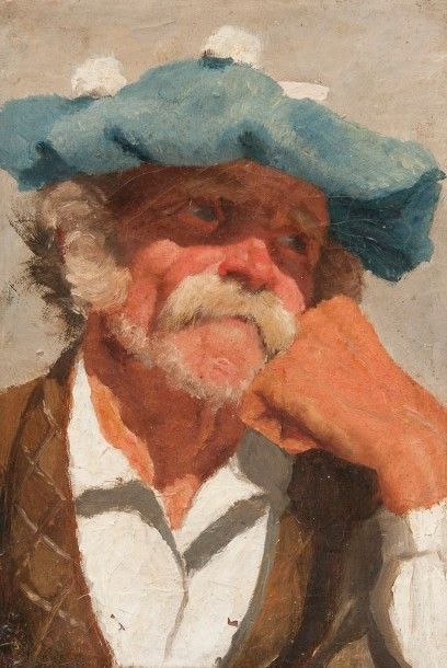 Robert de Rougé (? - 1916) Portrait de paysan accoudé. Toile, 18 x 26 cm