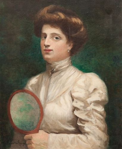 Robert de Rougé (? - 1916) Femme au miroir. Toile, 60 x 50 cm. Signée en bas à g...