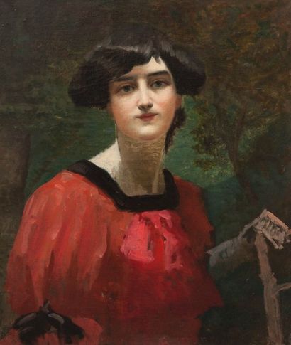 Robert de Rougé (? - 1916) Femme en rose dans la foret. Toile, 61 x 50 cm