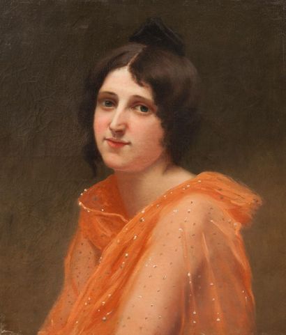 Robert de Rougé (? - 1916) Jeune femme en mousseline orange. Toile, 55 x 46 cm