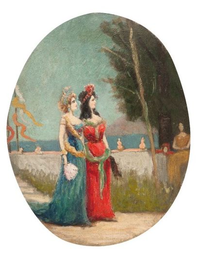 Robert de Rougé (? - 1916) La promenade. Carton ovale, 44 x 34 cm