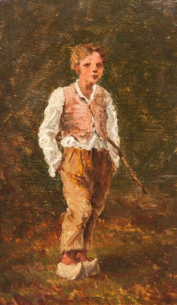 Robert de Rougé (? - 1916) Le jeune garçon au sabot. Carton, 25 x 15 cm