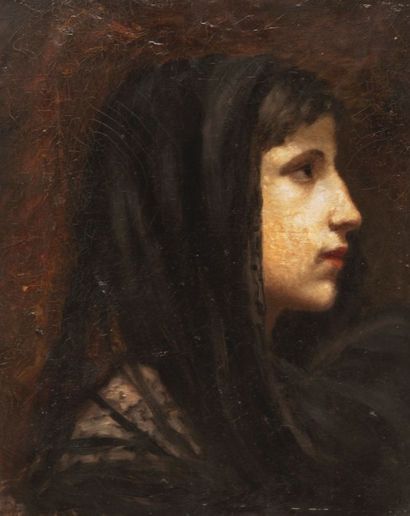 Robert de Rougé (? - 1916) Jeune femme en noir de profil. Toile, 40 x 32 cm