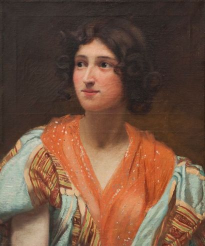Robert de Rougé (? - 1916) Portrait de jeune femme au châle.Toile, 55 x 46 cm