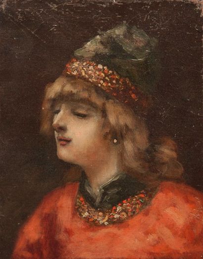 Robert de Rougé (? - 1916) Femme à la toque. Toile, 18 x 14 cm