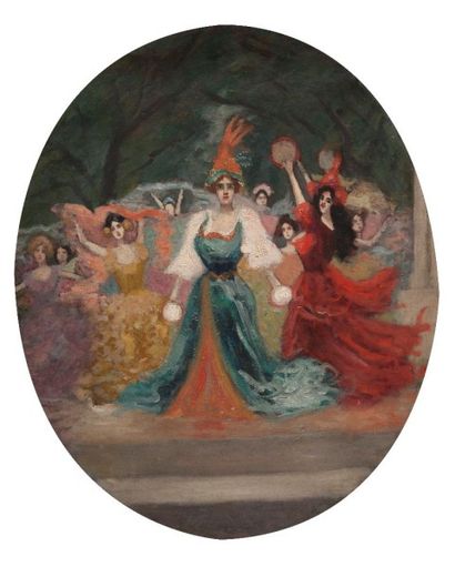 Robert de Rougé (? - 1916) Les danseuses et la femme au tambourin. Toile, ovale,...
